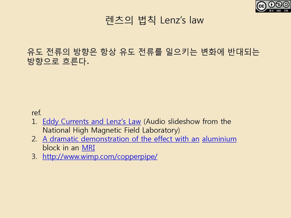 렌츠의 법칙 Lenz’s law 유도 전류의 방향은 항상 유도 전류를 일으키는 변화에 반대되는 방향으로 흐른다. ref.
