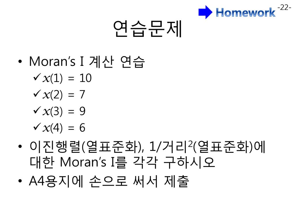 연습문제 Moran’s I 계산 연습 이진행렬(열표준화), 1/거리2(열표준화)에 대한 Moran’s I를 각각 구하시오