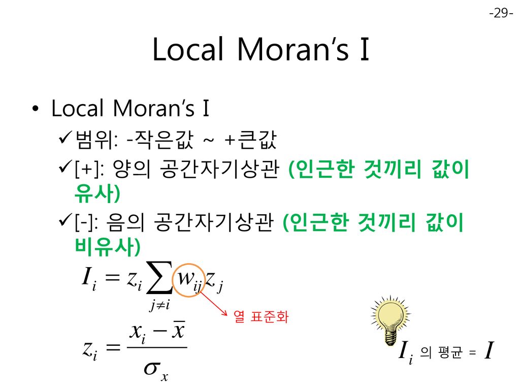 Local Moran’s I Local Moran’s I 범위: -작은값 ~ +큰값