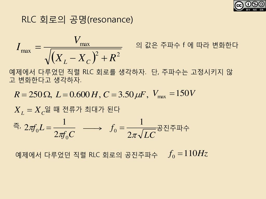 RLC 회로의 공명(resonance) 의 값은 주파수 f 에 따라 변화한다