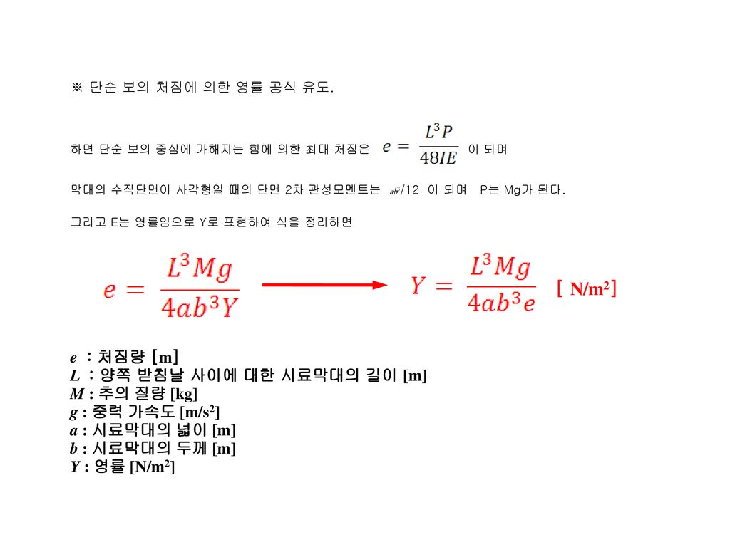 [ N/m2] e : 처짐량 [m] L : 양쪽 받침날 사이에 대한 시료막대의 길이 [m] M : 추의 질량 [kg]