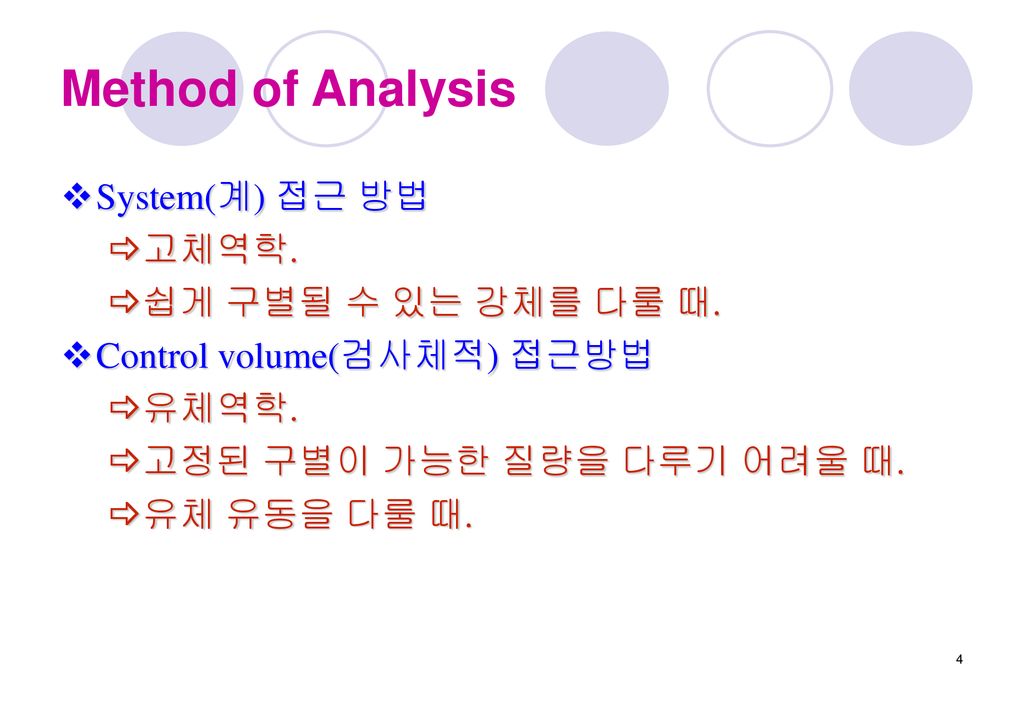 Method of Analysis System(계) 접근 방법 고체역학. 쉽게 구별될 수 있는 강체를 다룰 때.