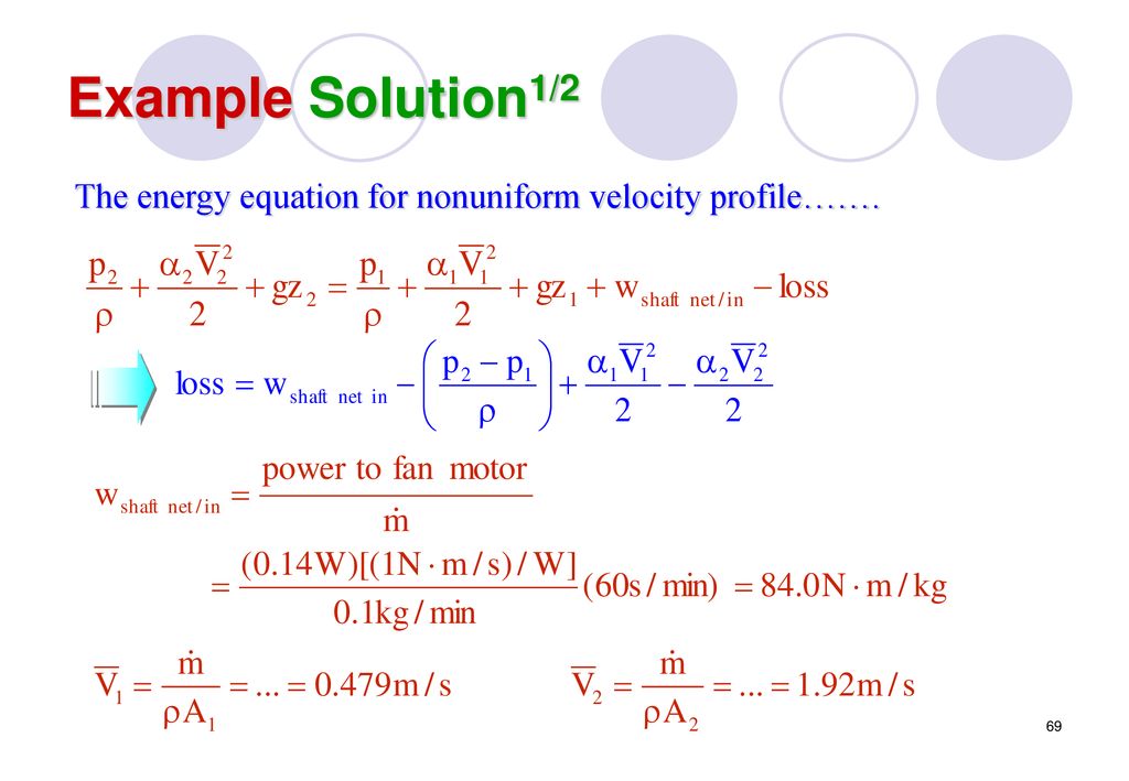 Example Solution1/2 The energy equation for nonuniform velocity profile…….
