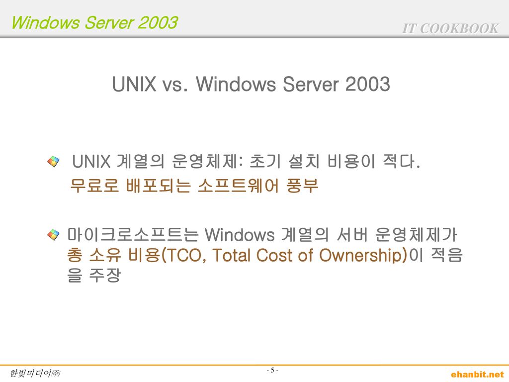 UNIX vs. Windows Server 2003 UNIX 계열의 운영체제: 초기 설치 비용이 적다.