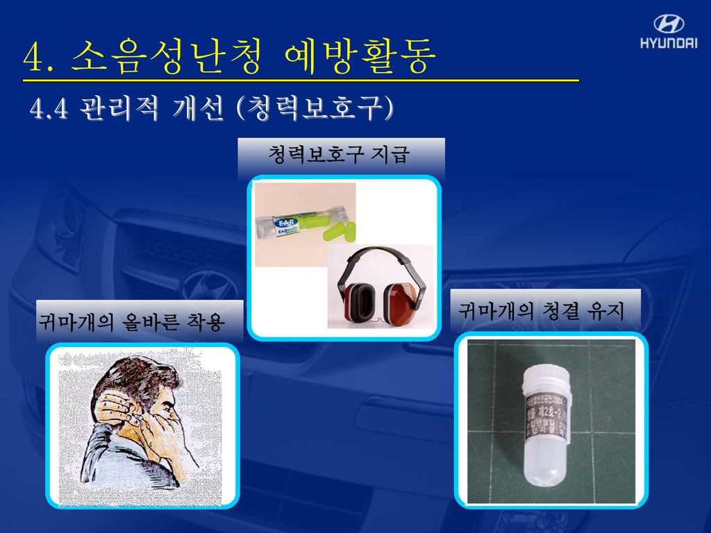 4. 소음성난청 예방활동 4.4 관리적 개선 (청력보호구) 청력보호구 지급 귀마개의 청결 유지 귀마개의 올바른 착용