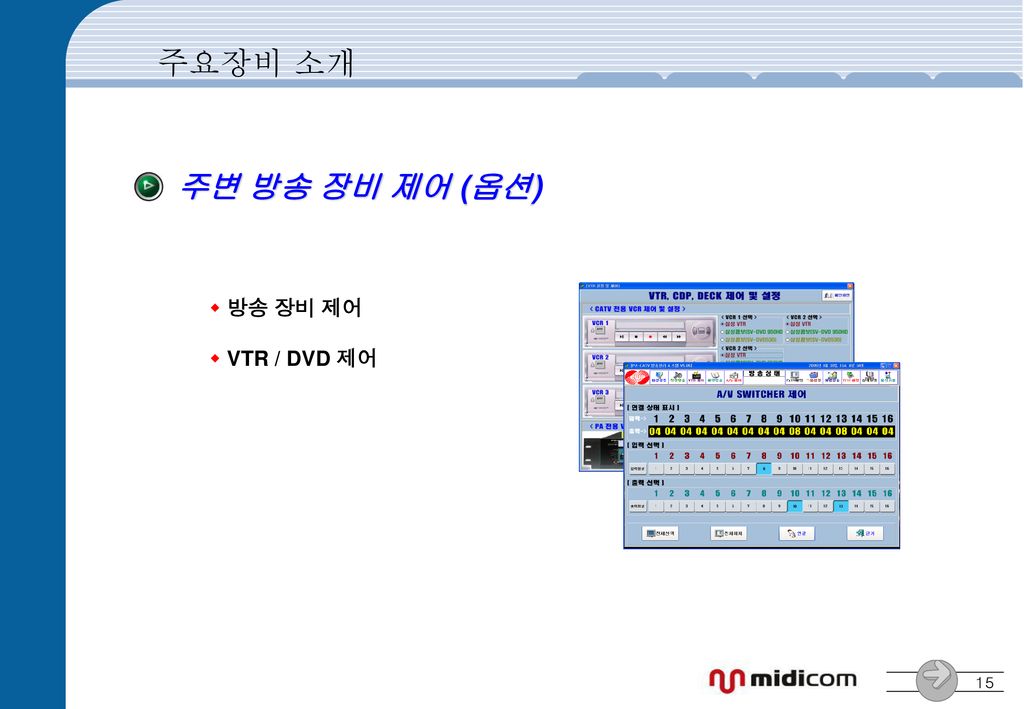 주요장비 소개 주변 방송 장비 제어 (옵션) 방송 장비 제어 VTR / DVD 제어