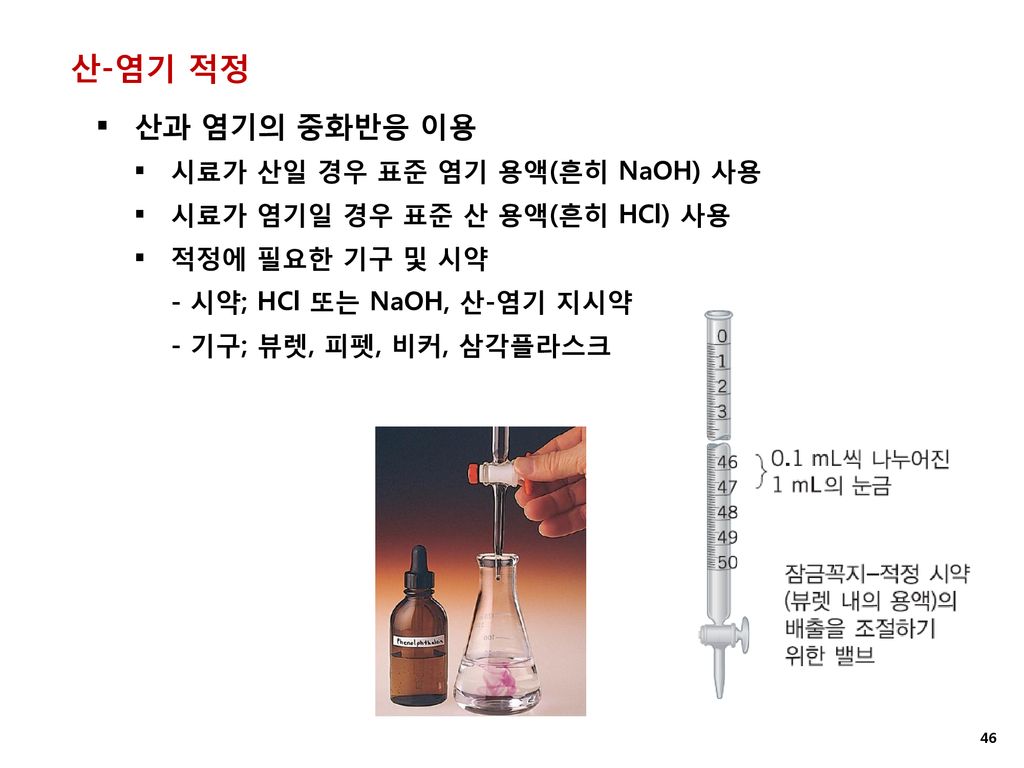 산-염기 적정 산과 염기의 중화반응 이용 시료가 산일 경우 표준 염기 용액(흔히 NaOH) 사용