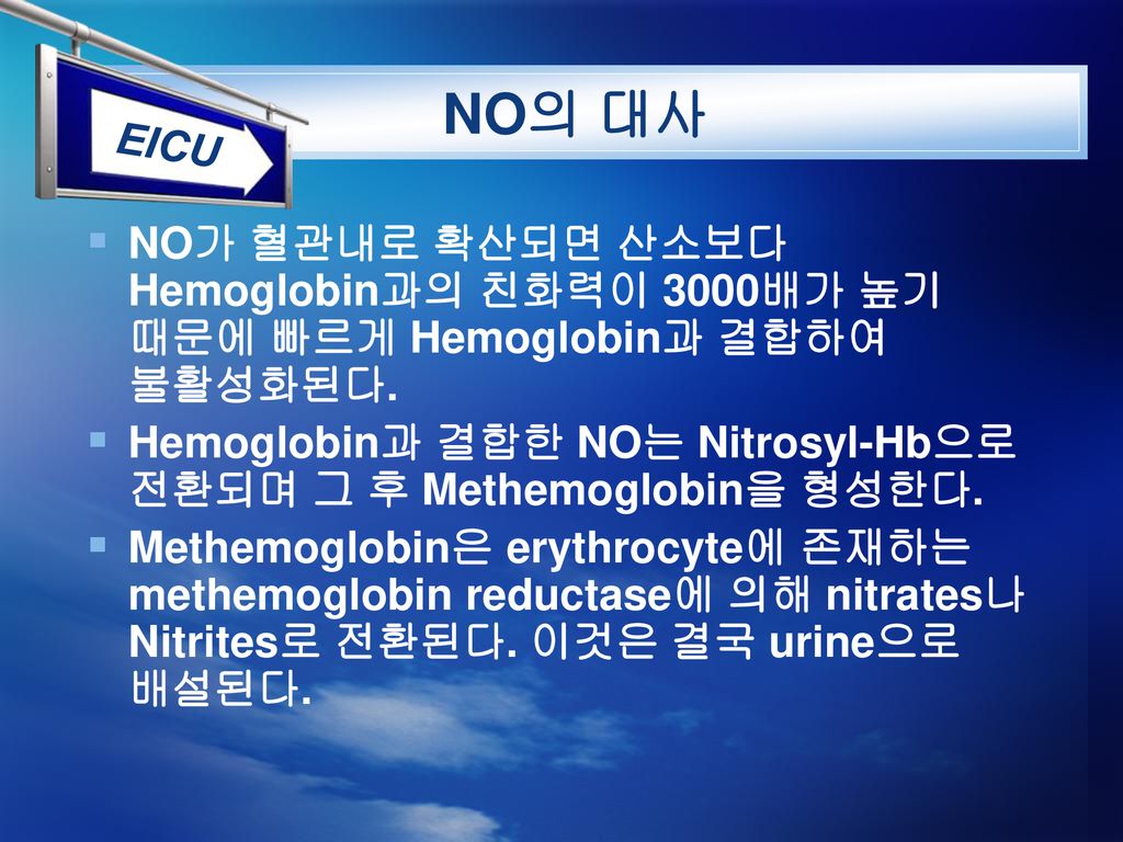 NO의 대사 NO가 혈관내로 확산되면 산소보다 Hemoglobin과의 친화력이 3000배가 높기 때문에 빠르게 Hemoglobin과 결합하여 불활성화된다.