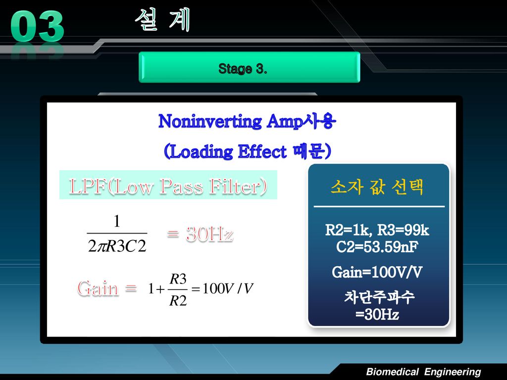 03 설 계 LPF(Low Pass Filter) = 30Hz Gain = Noninverting Amp사용