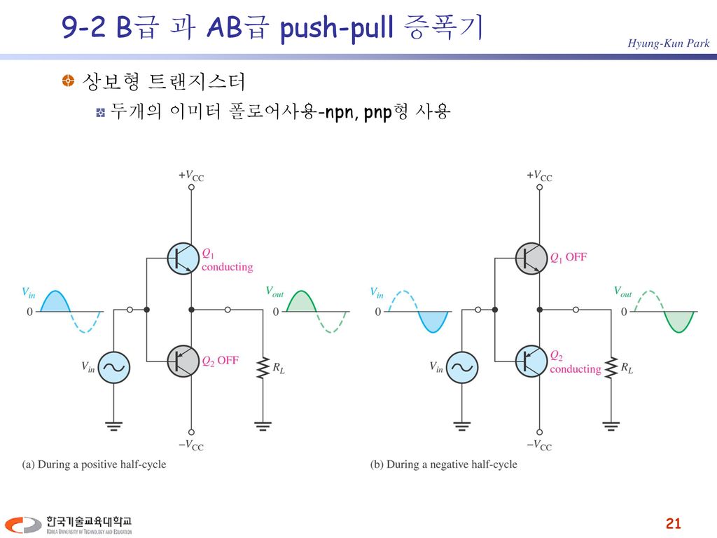 9-2 B급 과 AB급 push-pull 증폭기 상보형 트랜지스터 두개의 이미터 폴로어사용-npn, pnp형 사용