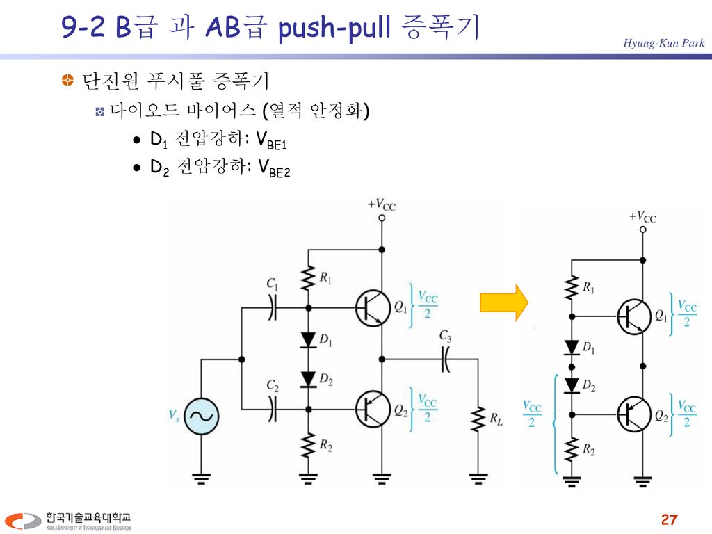 9-2 B급 과 AB급 push-pull 증폭기 단전원 푸시풀 증폭기 다이오드 바이어스 (열적 안정화)