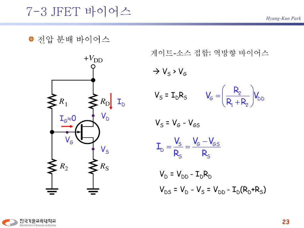 7-3 JFET 바이어스 전압 분배 바이어스 게이트-소스 접합: 역방향 바이어스  VS > VG VS = IDRS ID