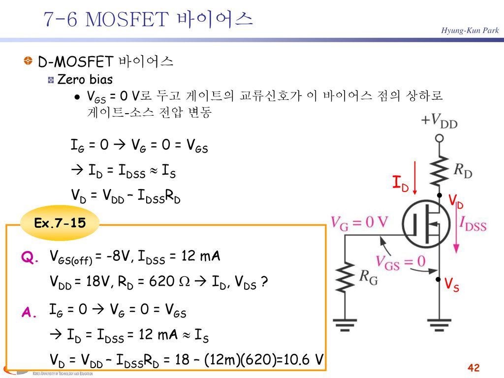 7-6 MOSFET 바이어스 ID D-MOSFET 바이어스 VD VS IG = 0  VG = 0 = VGS