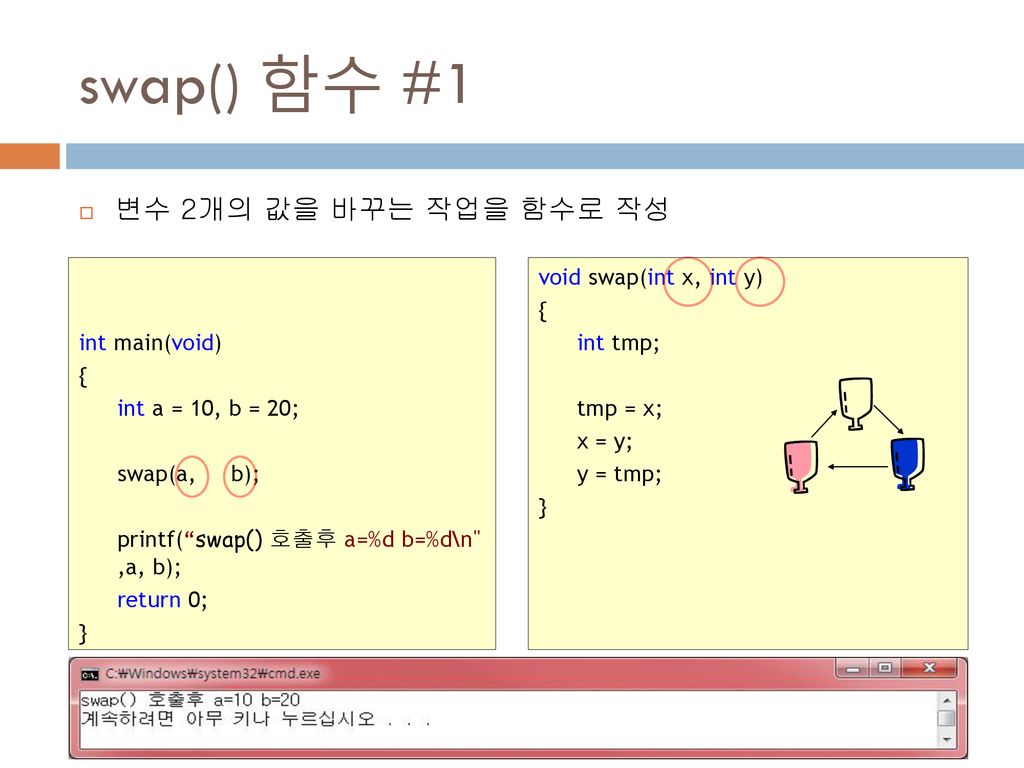swap() 함수 #1 변수 2개의 값을 바꾸는 작업을 함수로 작성 int main(void) {