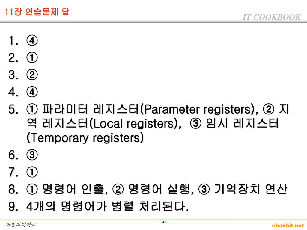 11장 연습문제 답 ④. ①. ②. ① 파라미터 레지스터(Parameter registers), ② 지역 레지스터(Local registers), ③ 임시 레지스터(Temporary registers)