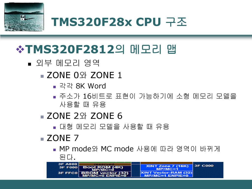 TMS320F28x CPU 구조 TMS320F2812의 메모리 맵 외부 메모리 영역 ZONE 0와 ZONE 1