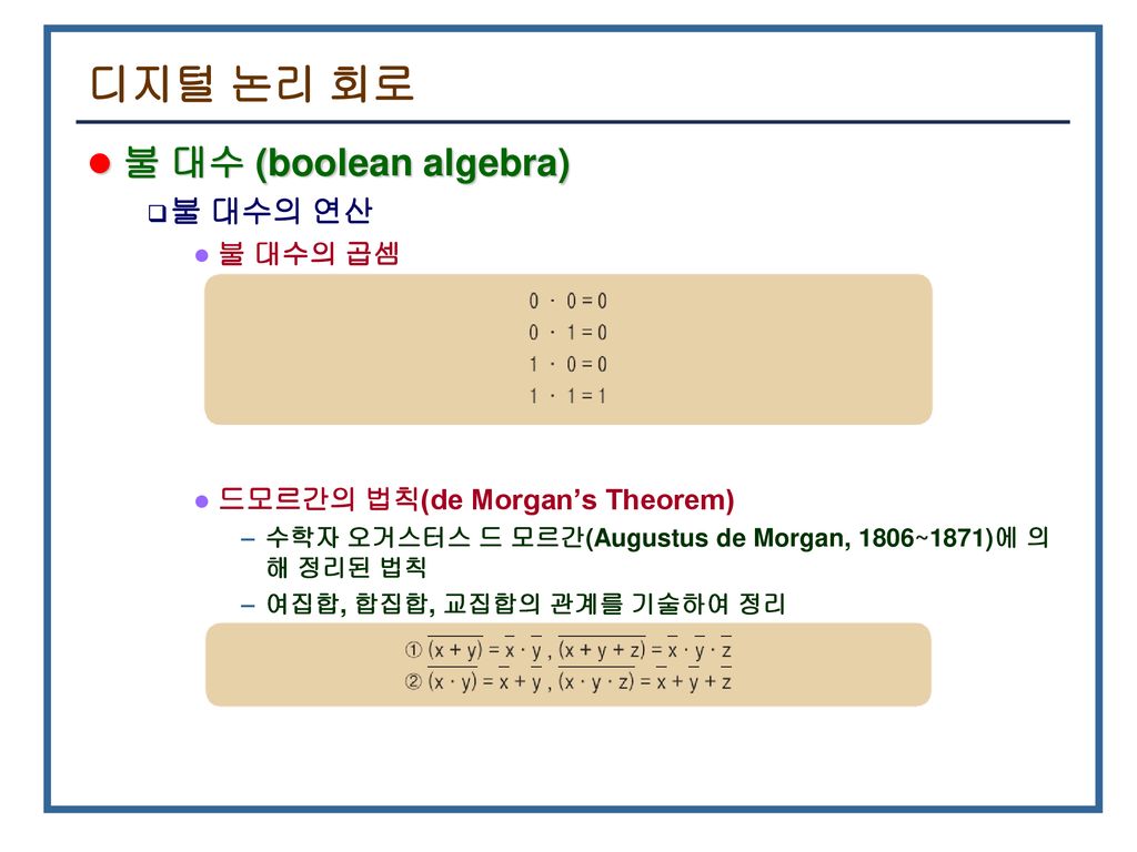디지털 논리 회로 불 대수 (boolean algebra) 불 대수의 연산 불 대수의 곱셈