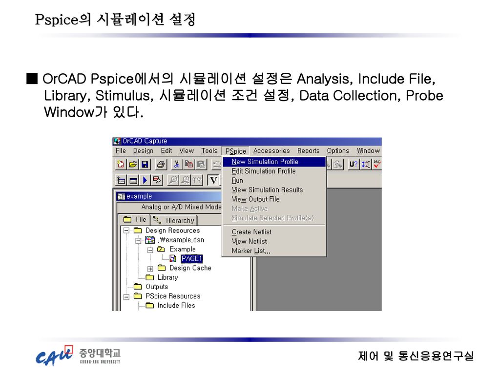 Pspice의 시뮬레이션 설정 ■ OrCAD Pspice에서의 시뮬레이션 설정은 Analysis, Include File, Library, Stimulus, 시뮬레이션 조건 설정, Data Collection, Probe.