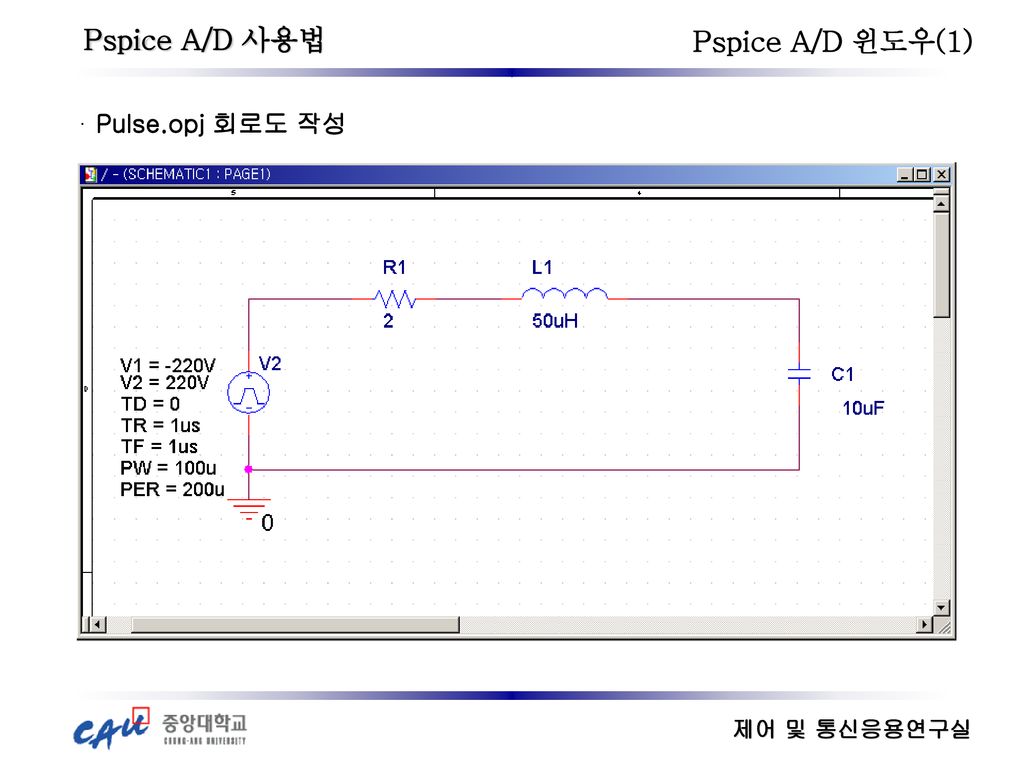 Pspice A/D 사용법 Pspice A/D 윈도우(1) · Pulse.opj 회로도 작성