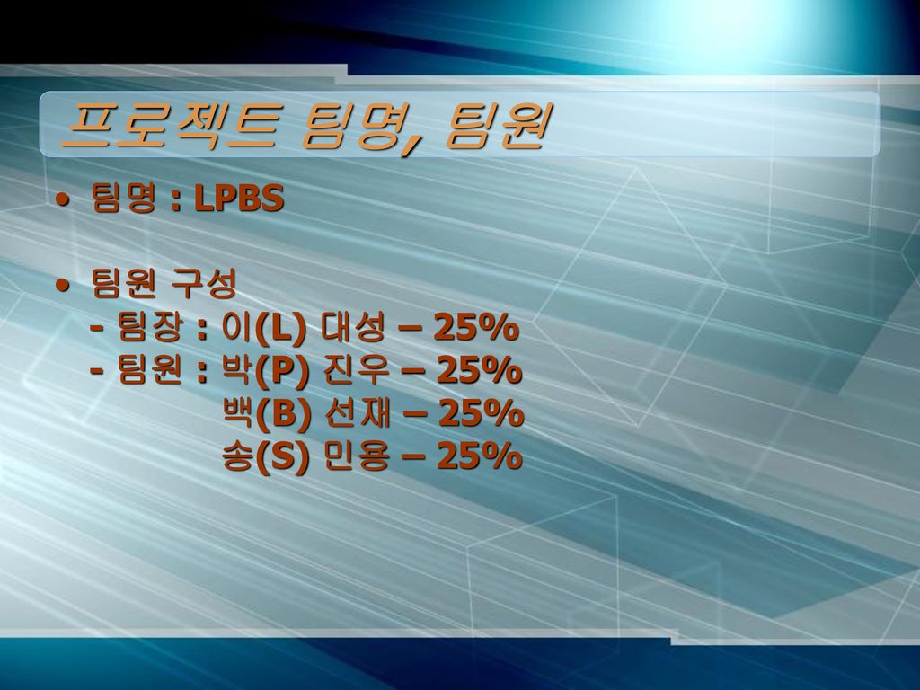 프로젝트 팀명, 팀원 팀명 : LPBS 팀원 구성 - 팀장 : 이(L) 대성 – 25% - 팀원 : 박(P) 진우 – 25%