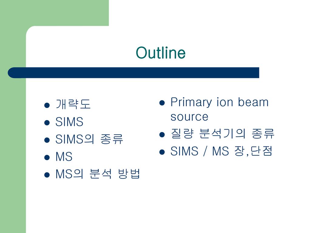 Outline Primary ion beam source 개략도 SIMS 질량 분석기의 종류 SIMS의 종류