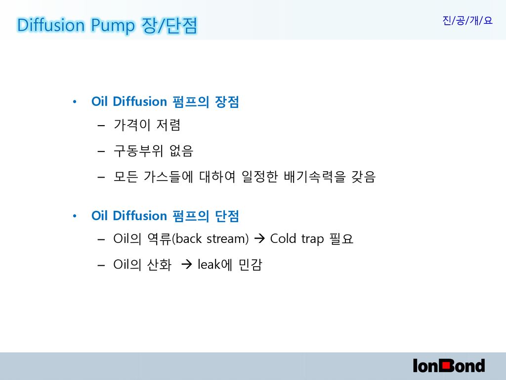 Diffusion Pump 장/단점 Oil Diffusion 펌프의 장점 가격이 저렴 구동부위 없음