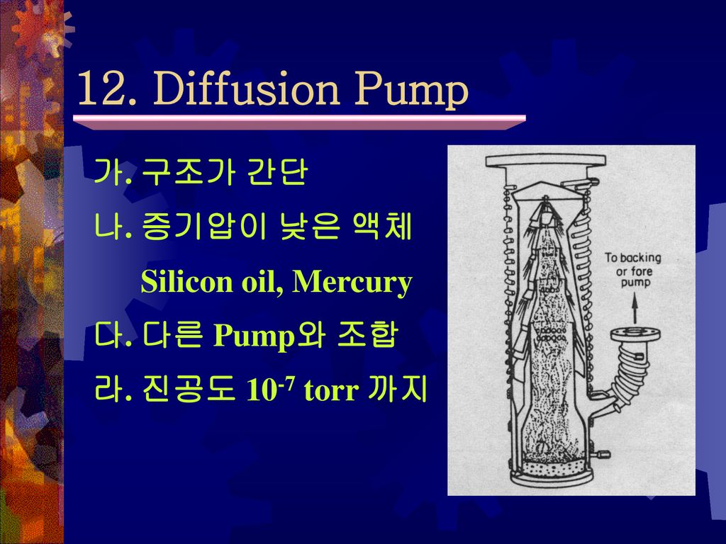 12. Diffusion Pump 가. 구조가 간단 나. 증기압이 낮은 액체 Silicon oil, Mercury