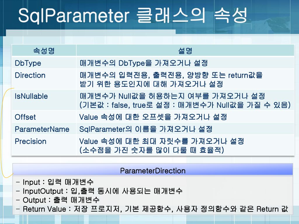 SqlParameter 클래스의 속성 속성명 설명 DbType 매개변수의 DbType을 가져오거나 설정 Direction