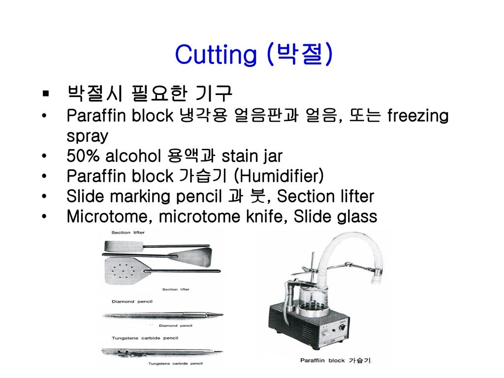 Cutting (박절) 박절시 필요한 기구 Paraffin block 냉각용 얼음판과 얼음, 또는 freezing spray