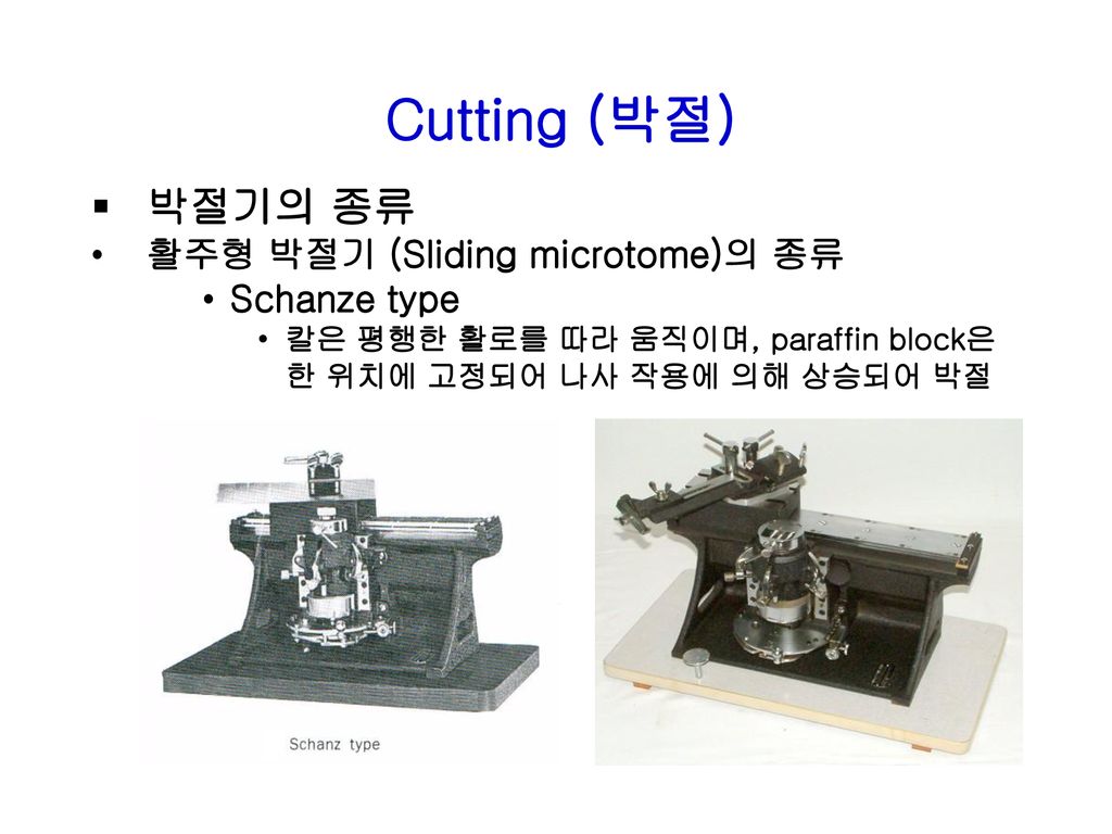 Cutting (박절) 박절기의 종류 활주형 박절기 (Sliding microtome)의 종류 Schanze type