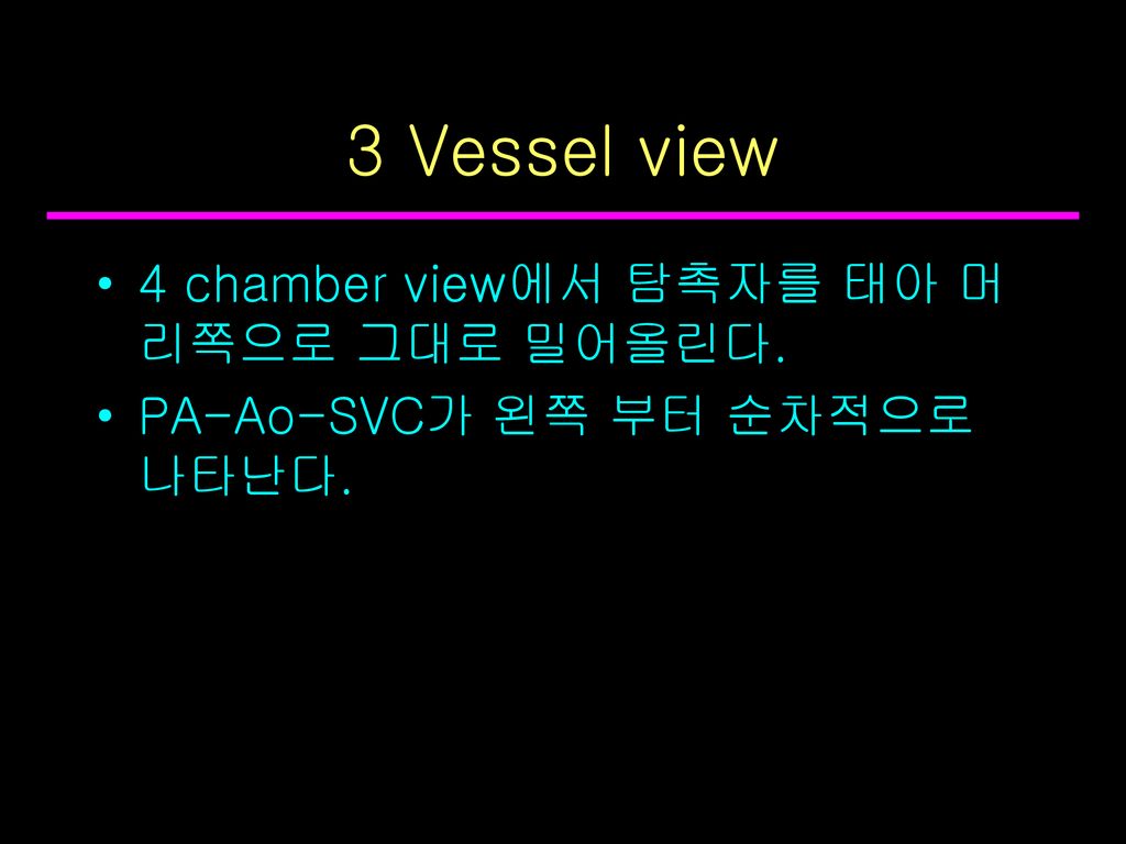 3 Vessel view 4 chamber view에서 탐촉자를 태아 머리쪽으로 그대로 밀어올린다.
