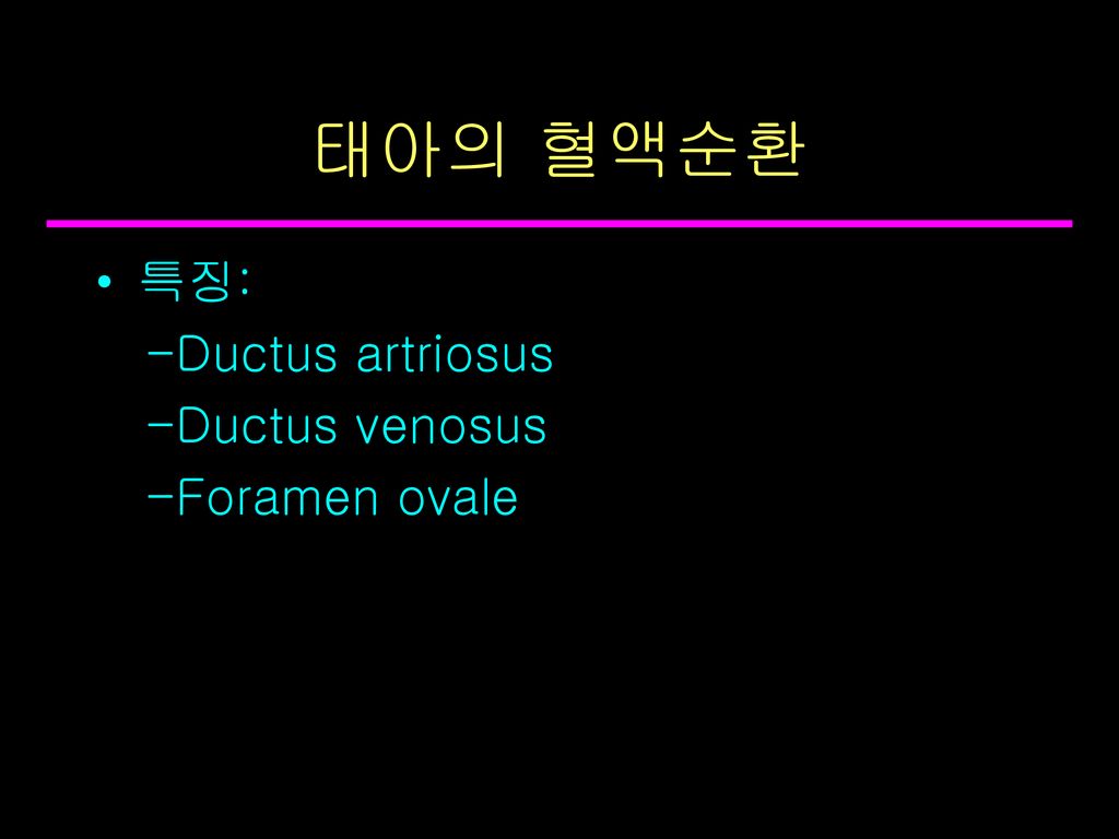 태아의 혈액순환 특징: -Ductus artriosus -Ductus venosus -Foramen ovale