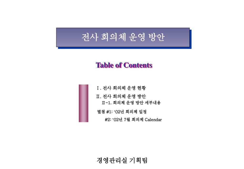 전사 회의체 운영 방안 Table of Contents 경영관리실 기획팀 Ⅰ. 전사 회의체 운영 현황