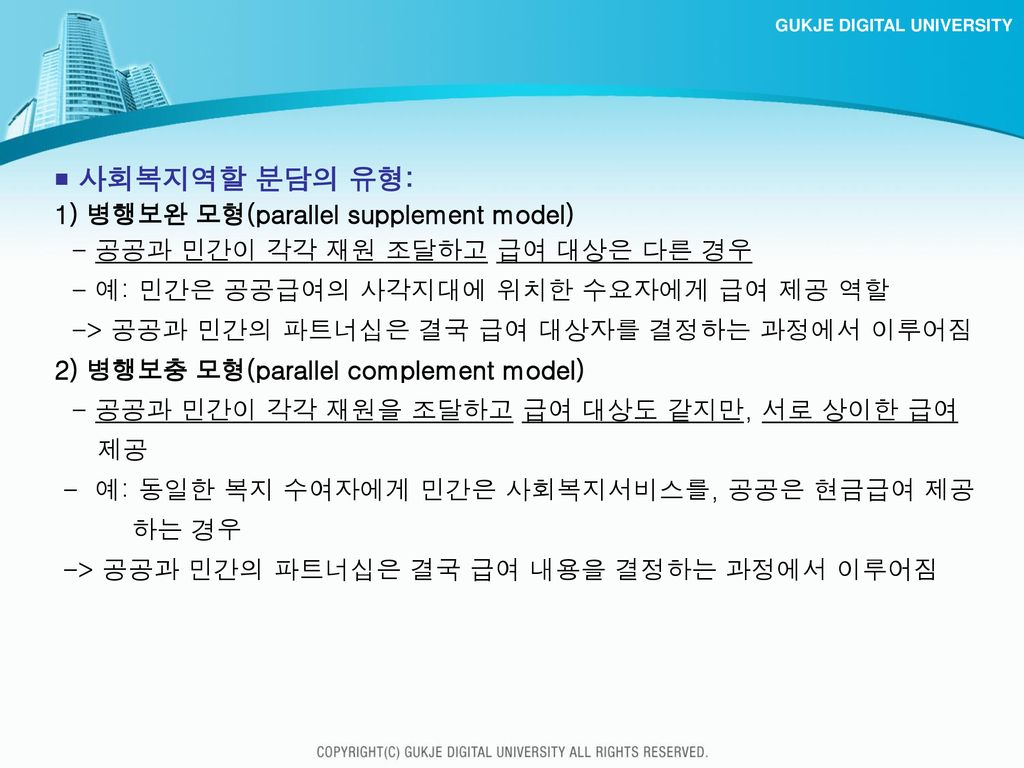 ￭ 사회복지역할 분담의 유형: 1) 병행보완 모형(parallel supplement model)