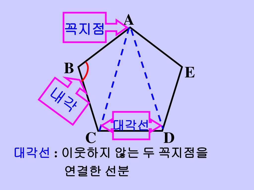 A 꼭지점 B E 내각 대각선 C D 대각선 : 이웃하지 않는 두 꼭지점을 연결한 선분