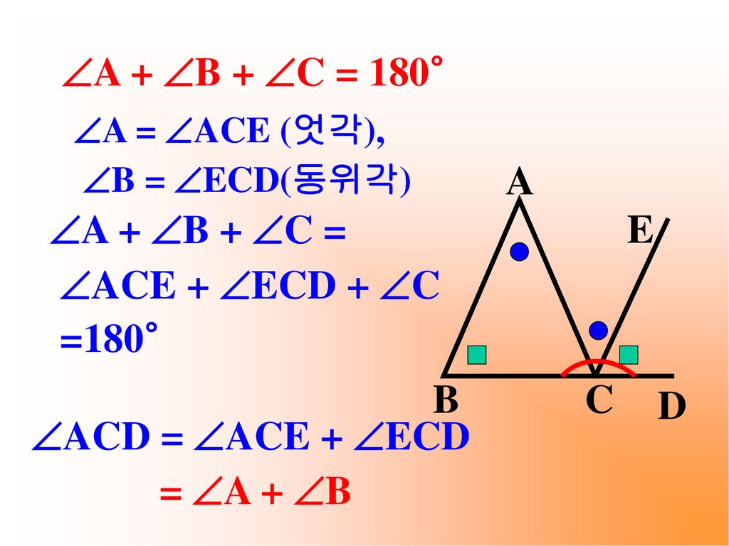 A + B + C = 180° A A + B + C = ACE + ECD + C =180° E B C D