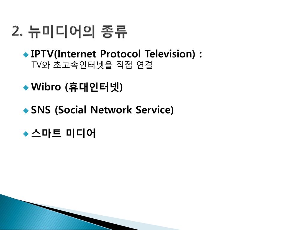 2. 뉴미디어의 종류 IPTV(Internet Protocol Television) : Wibro (휴대인터넷)