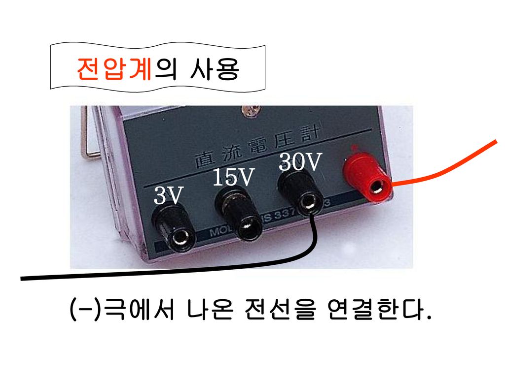 전압계의 사용 30V 15V 3V (-)극에서 나온 전선을 연결한다.