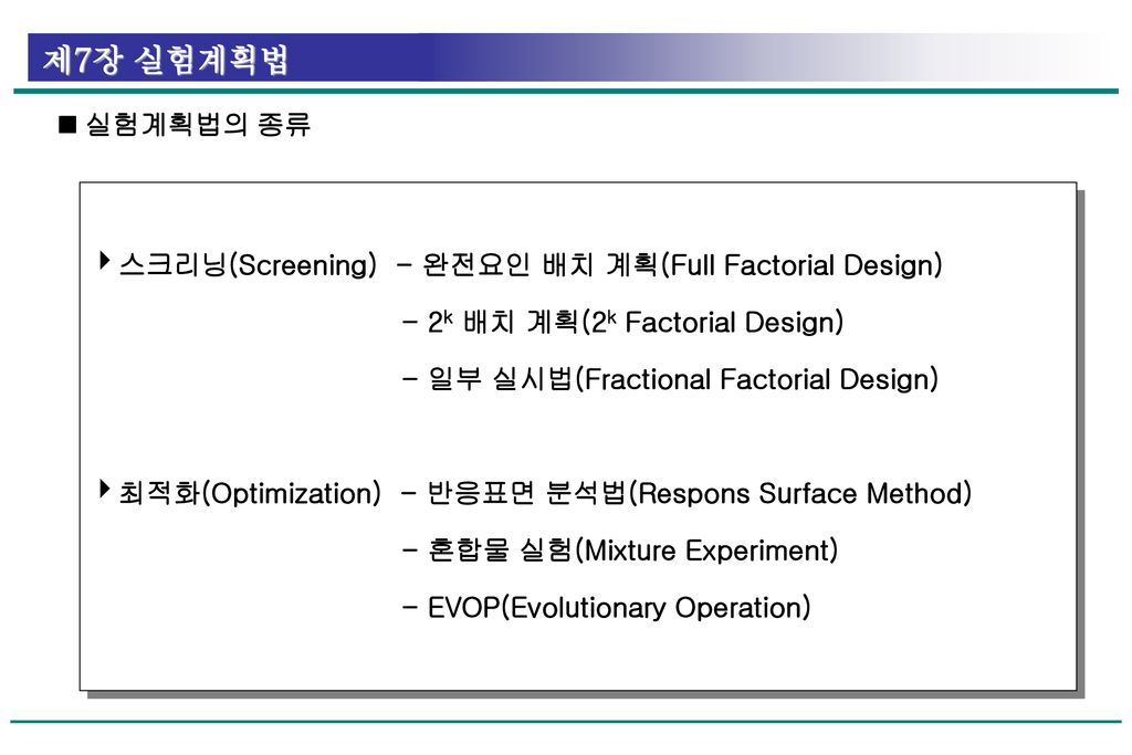  실험계획법의 종류 스크리닝(Screening) - 완전요인 배치 계획(Full Factorial Design) - 2k 배치 계획(2k Factorial Design) - 일부 실시법(Fractional Factorial Design)