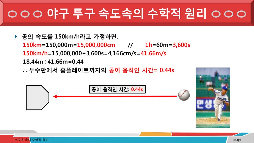 야구 투구 속도속의 수학적 원리 공의 속도를 150km/h라고 가정하면,