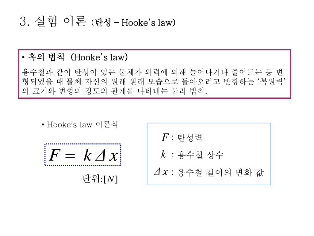 3. 실험 이론 (탄성 – Hooke’s law) 훅의 법칙 (Hooke’s law) : 탄성력 : 용수철 상수