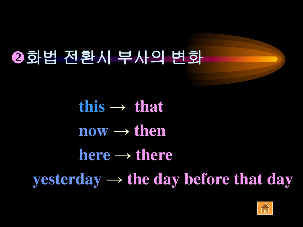 화법 전환시 부사의 변화 this → that now → then here → there yesterday → the day before that day