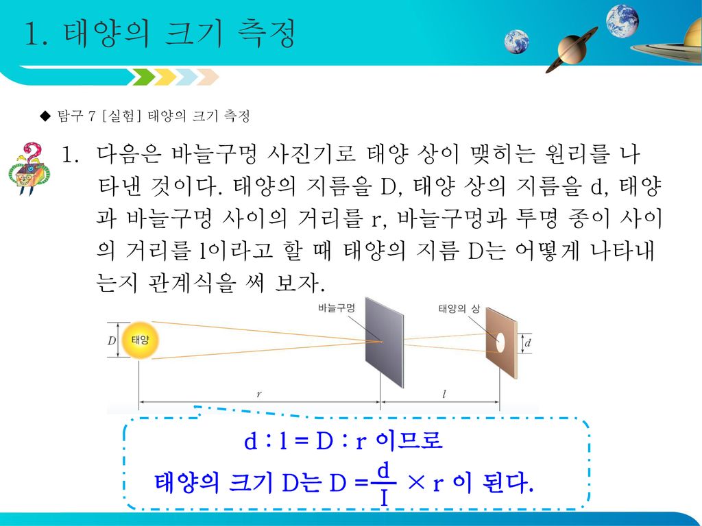 1. 태양의 크기 측정 d : l = D : r 이므로 태양의 크기 D는 D = × r 이 된다.