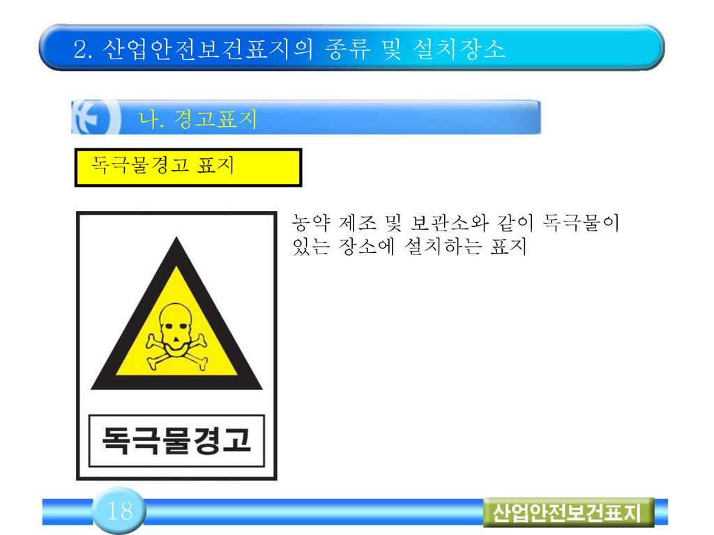 2. 산업안전보건표지의 종류 및 설치장소 18 나. 경고표지 독극물경고 표지