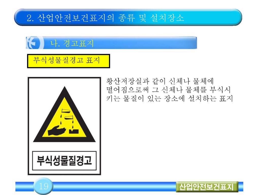 2. 산업안전보건표지의 종류 및 설치장소 19 나. 경고표지 부식성물질경고 표지