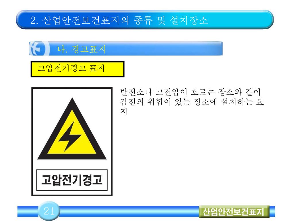 2. 산업안전보건표지의 종류 및 설치장소 21 나. 경고표지 고압전기경고 표지