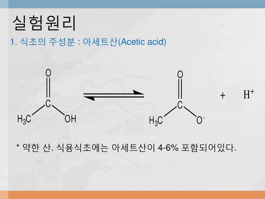 실험원리 1. 식초의 주성분 : 아세트산(Acetic acid) * 약한 산. 식용식초에는 아세트산이 4-6% 포함되어있다.